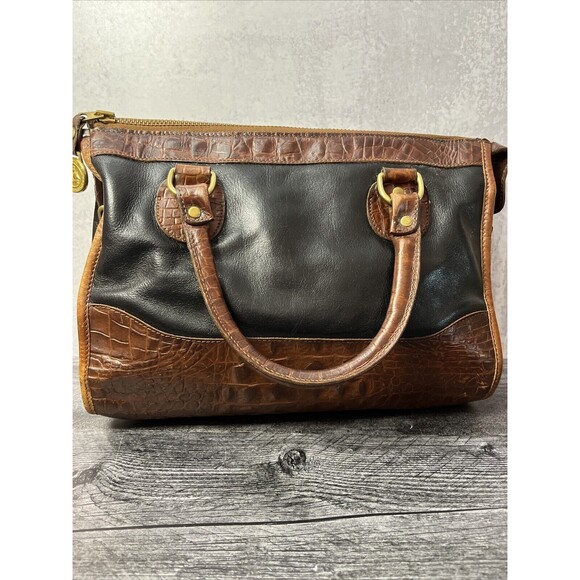 BRAHMIN HANDBAG BLACK  PURSE WITH  BROWN  CROCODILE ALLIGATOR AND GOLD  ACCENTS - Picture 2 of 13